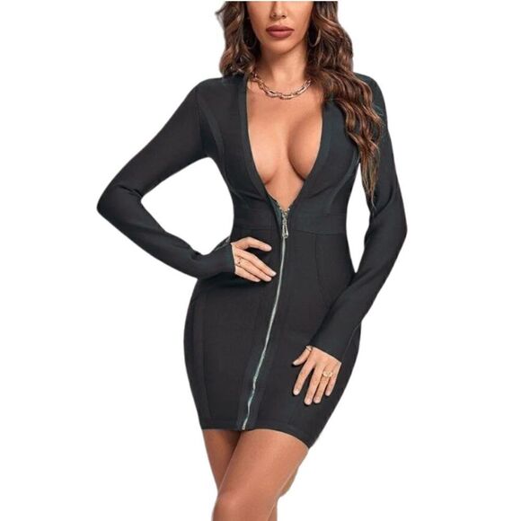BODYCON COLLECTION Black Eva Long Sleeve Bandage Mini Dress. Size Medium - Picture 1 of 10